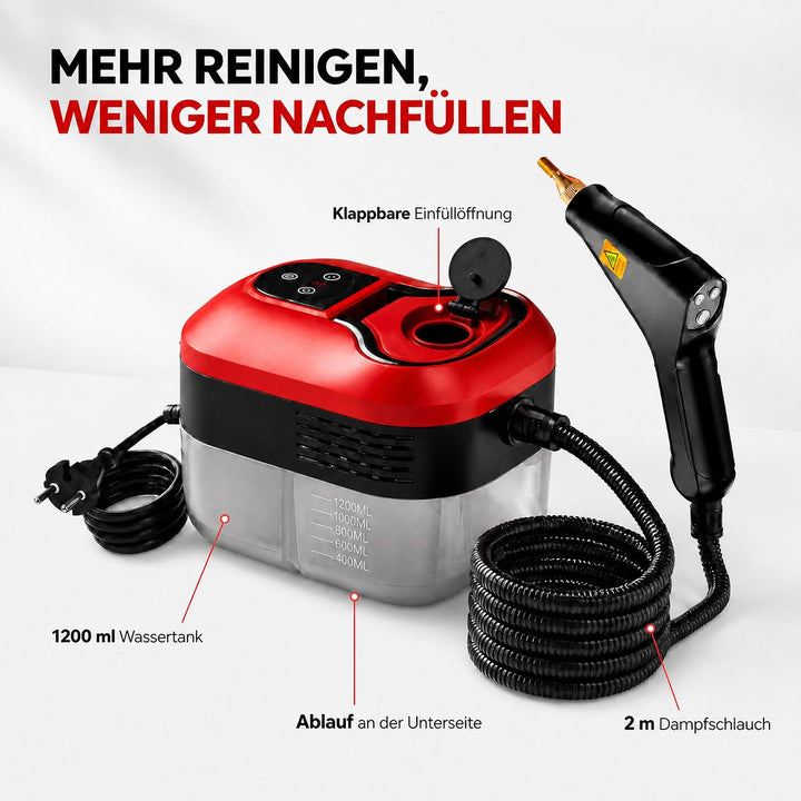 2500W Handdampfreiniger mit Schnellaufheizung in 15 Sekunden und 6 Dampfstufen – tragbarer Hochdruck