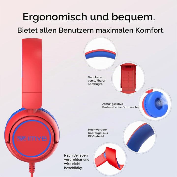 IMYB Kinder kopfhörer, Kopfhörer für Kinder mit Kabel, faltbar, Stereo Sound, Sichere Lautstärkebegr