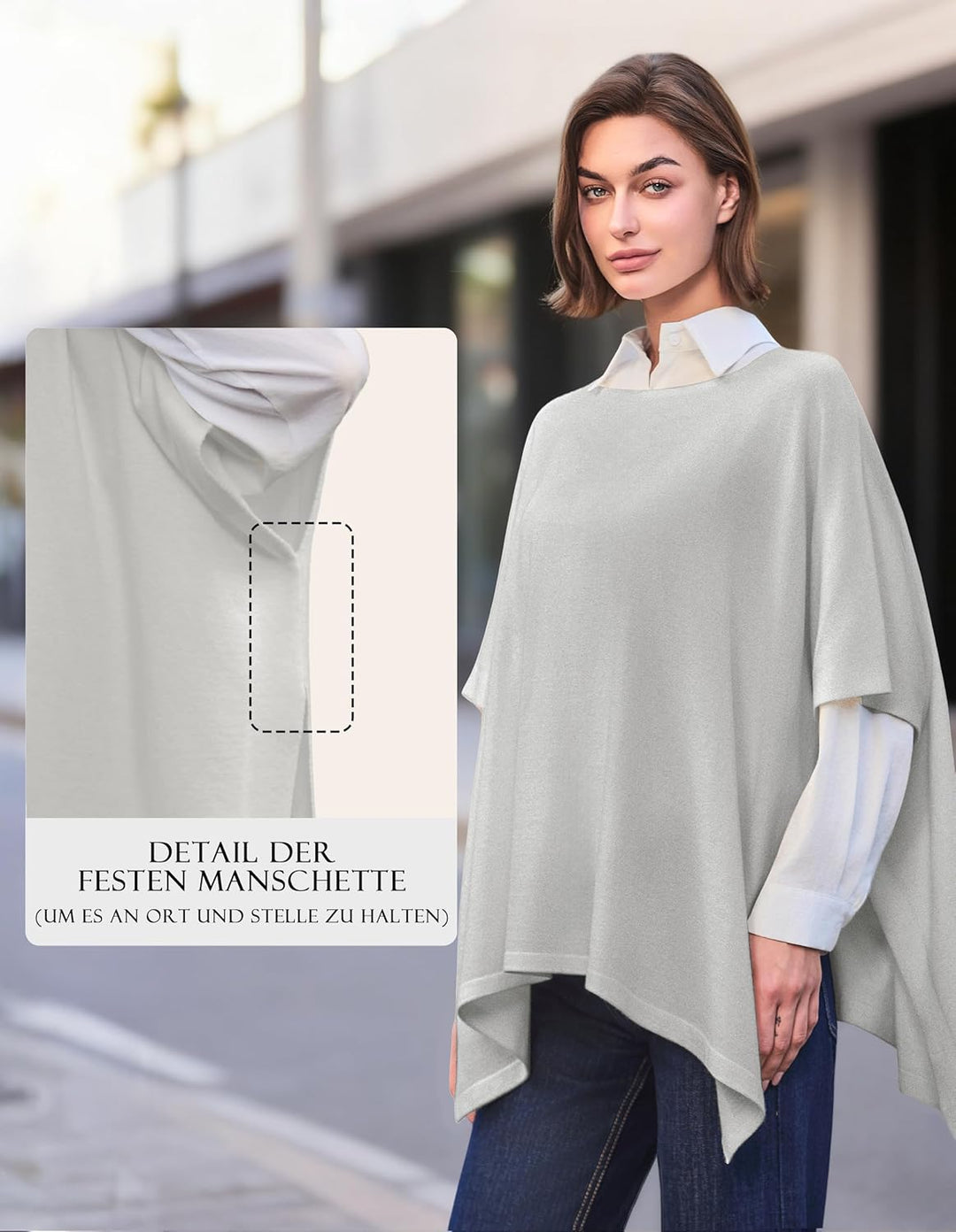 PULI Damen Pullover Poncho Elegant Viskose Strick Locker sitzend Poncho Schal Einheitsgrösse Grau, E