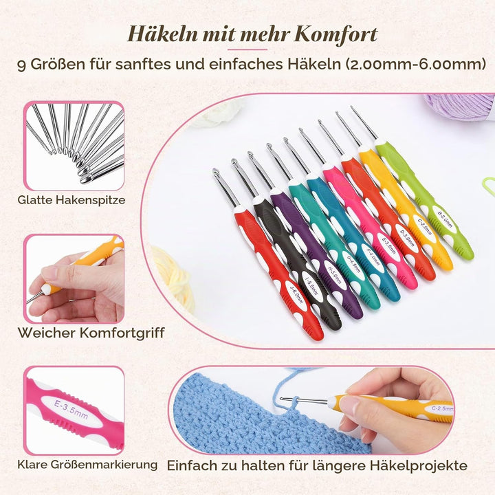VynyQoo 74 Stück Häkelset für Anfänger mit 17 Garnen, 9 ergonomischen Häkelnadeln 2,0-6,0 mm, 12 fei