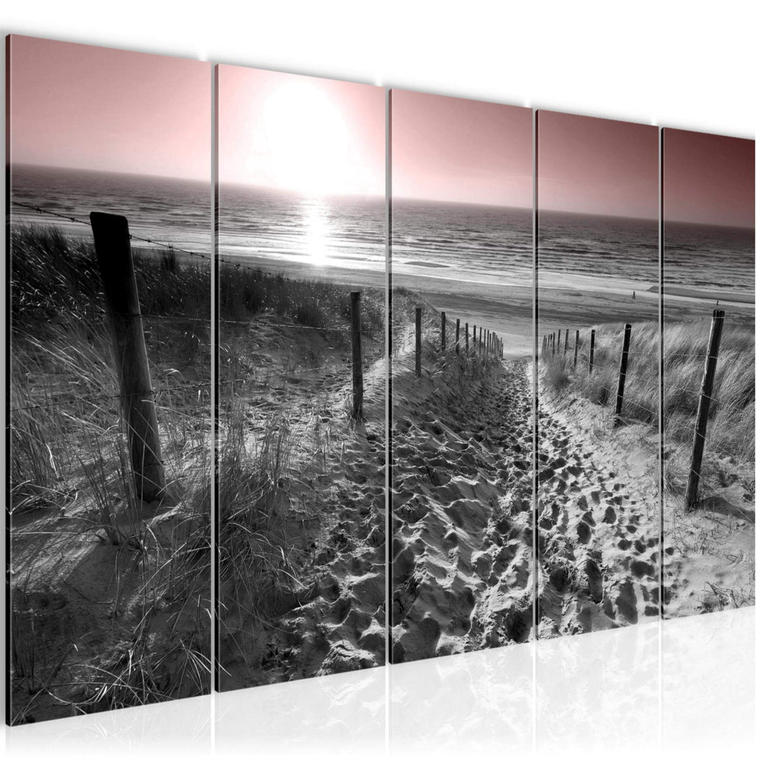 Runa Art Wandbild XXL Strand Sonnenuntergang Schlafzimmer Wohnzimmer 200 x 80 cm Grau Rosa 5 Teilig