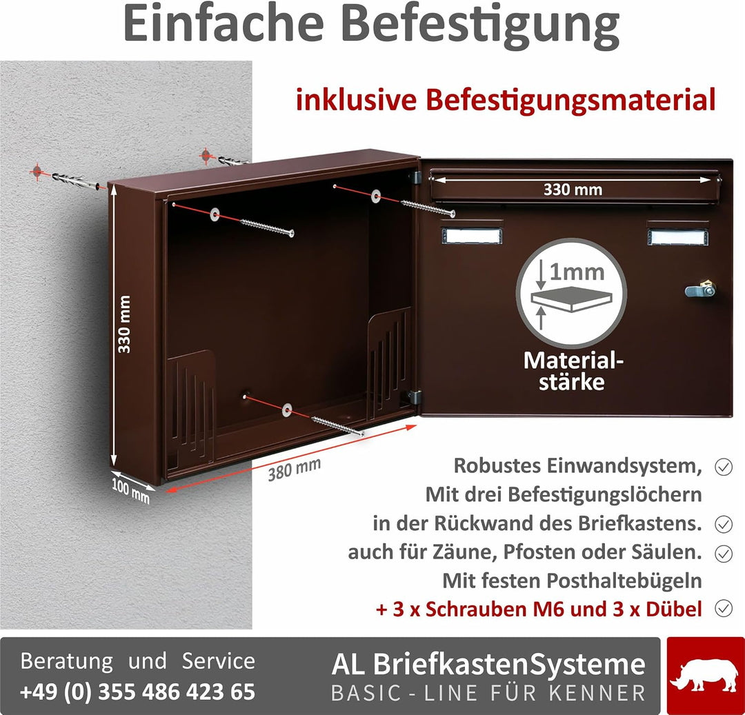 AL Briefkastensysteme Basic 3er Briefkasten RAL 8017 Schokoladen Braun 3 Fach DIN A4 wetterfest Brie