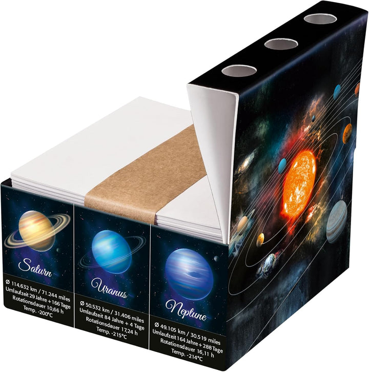 Zettelbox „SOLAR SYSTEM“ aus stabil verklebtem Vollkarton, Notizzettel aus kräftigem Papier (1er-Set