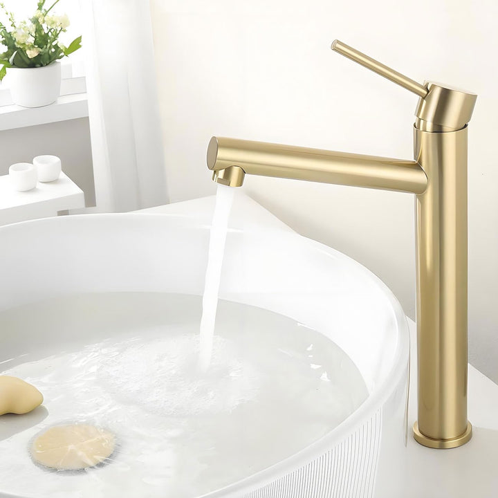 Hoch Waschtischarmatur Matt Gold, Wasserhahn Bad Hohe Armatur für Aufsatzwaschbecken, Einhebelmische