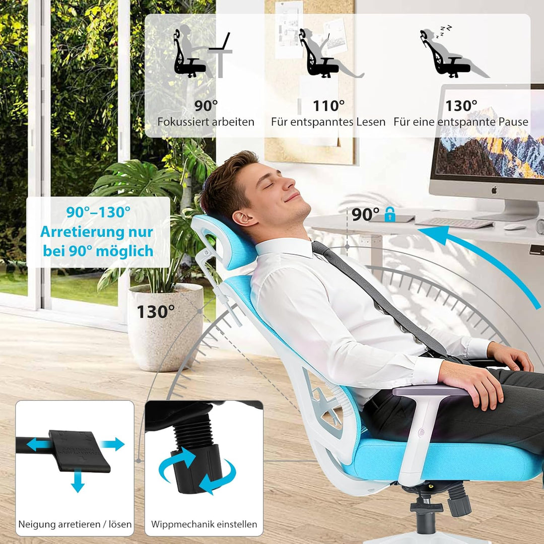 Bürostuhl ergonomisch, Schreibtischstuhl mit Kopfstütze, Lordosenstütze und höhenverstellbaren Armle