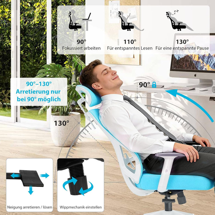 Bürostuhl ergonomisch, Schreibtischstuhl mit Kopfstütze, Lordosenstütze und höhenverstellbaren Armle