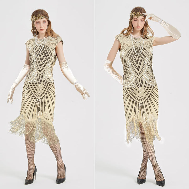 WILDPARTY 20er Jahre Kostüm Damen Charleston Kleid, Flapper Kleid mit Pailletten Perlen Fransen Netz