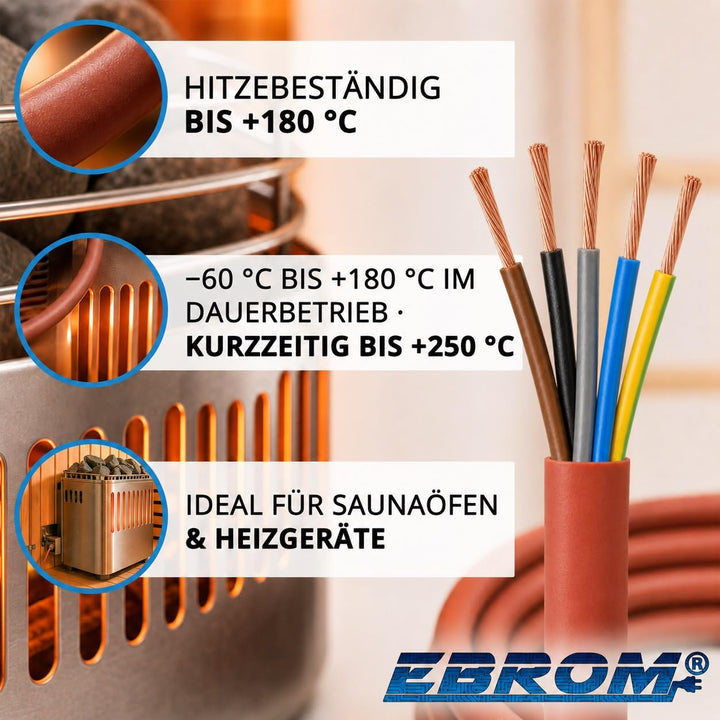 EBROM Silikonkabel Saunakabel SIHF-J 5x2,5 mm² - Länge: 37 Meter 5x2,5 mm2 37 Meter 5 x 2,5 mm², 37