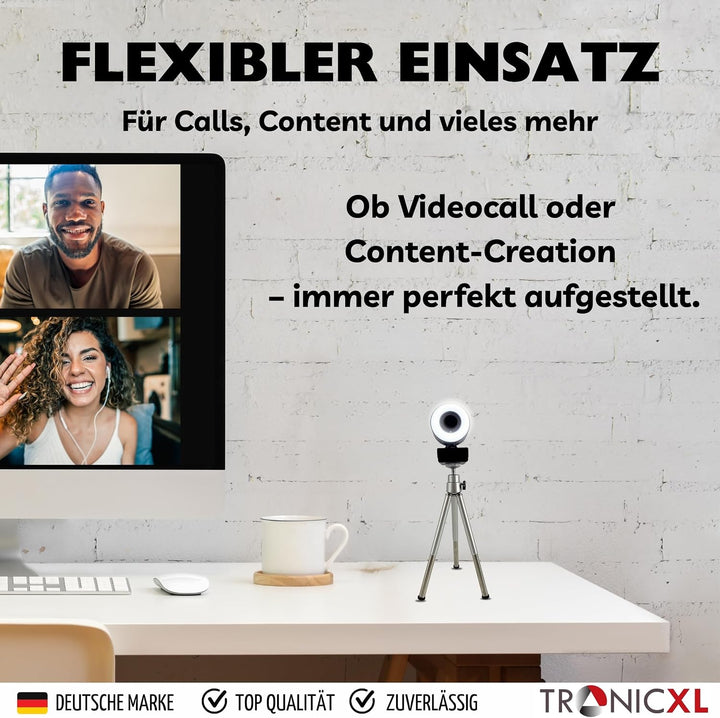 TronicXL Autofokus Webcam mit Ringlicht Lampe + Stativ Full HD 1920x1080p I 2 Mikrofone Stereo Geräu
