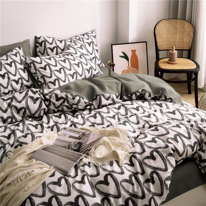 Freyamy Bettwäsche 200x220cm 3teilig Schwarz Weiss Herz Bettwaren-Sets Gebürstet Microfaser Weiche W