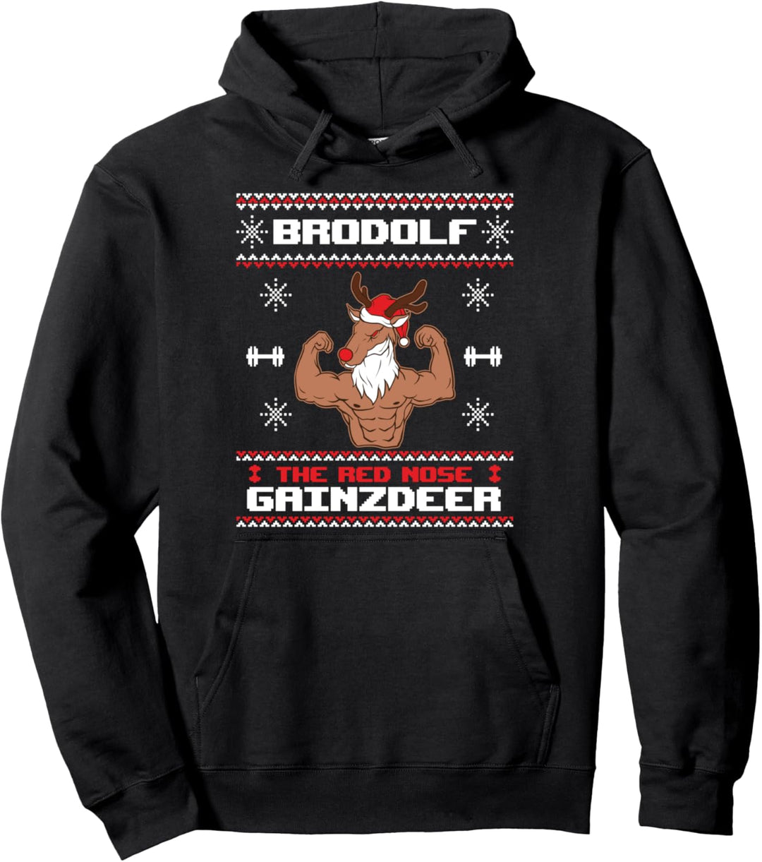 Brodolf The Red Nose Gainzdeer Gym Ugly Christmas Sweater Pullover Hoodie