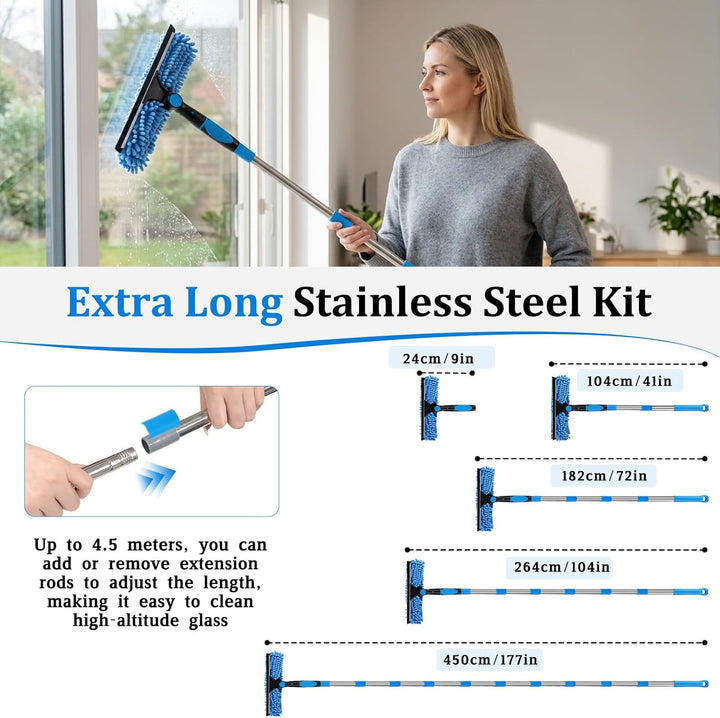 Fensterwischer Teleskop 4.5m,2 in 1 Profi Extra Lange für Hohe Fenster,Blau | Fensterreiniger mit La