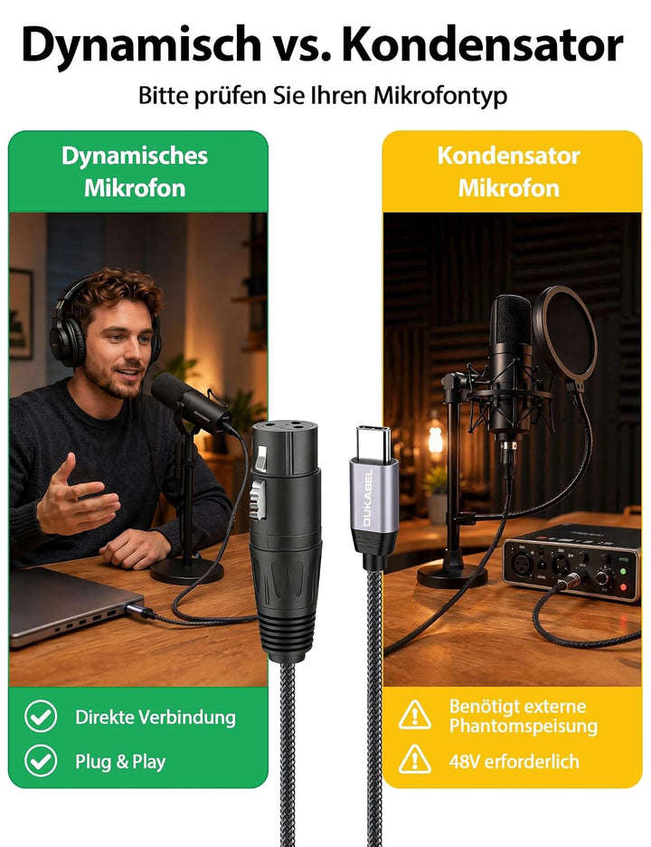 DuKabel USB C auf XLR Mikrofonkabel 2,4m mit DAC für Dynamische Mikrofone 2.4 Meter, 2.4 Meter