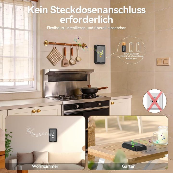 TECKNET Funkklingel, Batteriebetriebenes Lautes Kabelloses Klingel Set Schwarz, Schwarz