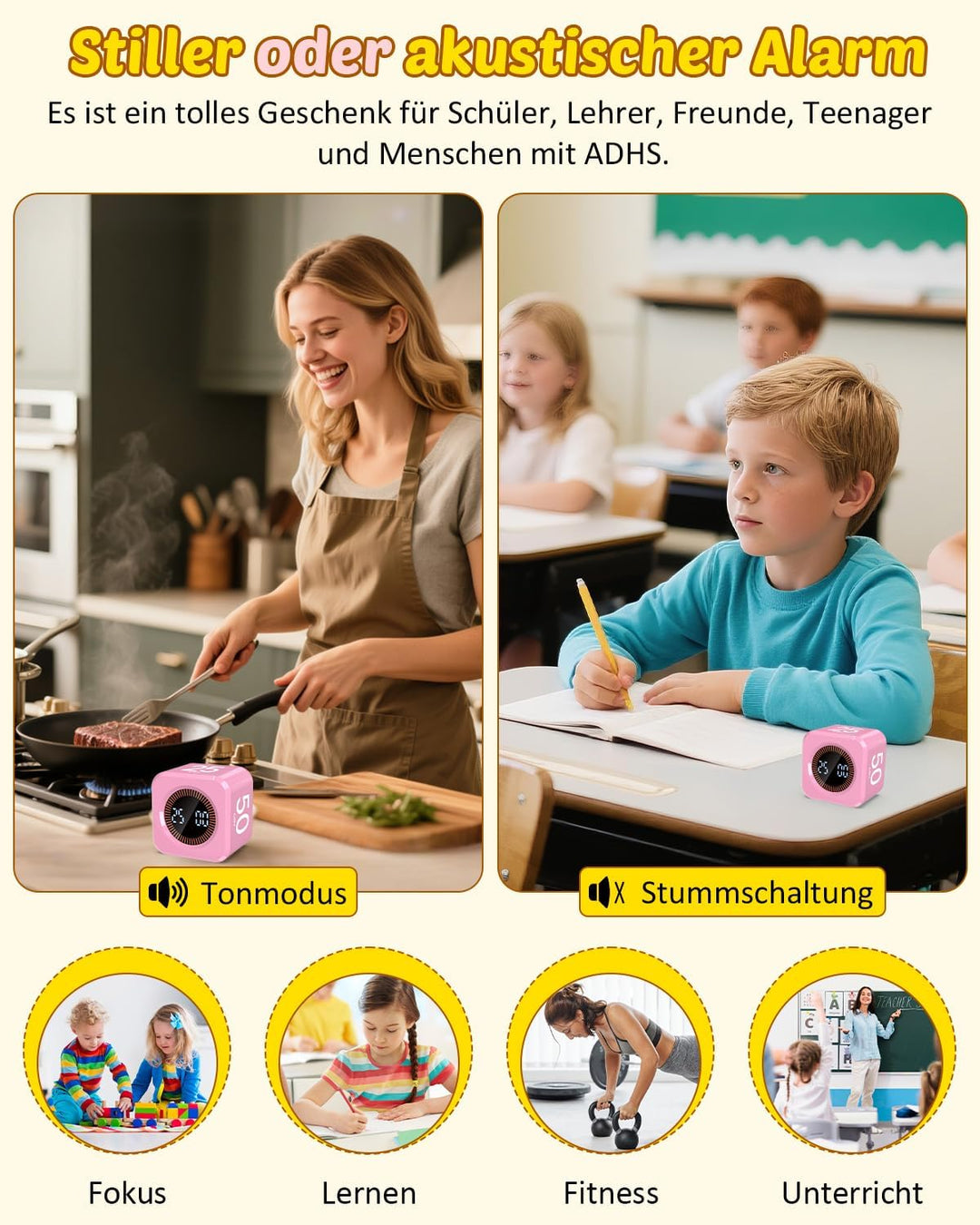 Pomodoro Timer Cube, Visueller Würfel-Timer für Kinder, Digitale LED Drehbarer Timer mit 5/10/25/50