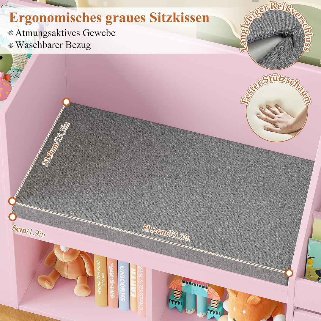 HOCSOK 125 cm Kinderregal, Bücherregal Kinder mit Sitzbank, MDF-Platte Rosa, Rosa