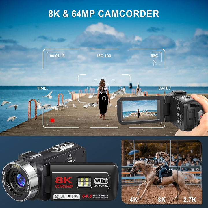 Videokamera 8K 64MP Camcorder 18X Digitalzoom IR Nachtsicht Vlogging Kamera Schwarz, Schwarz
