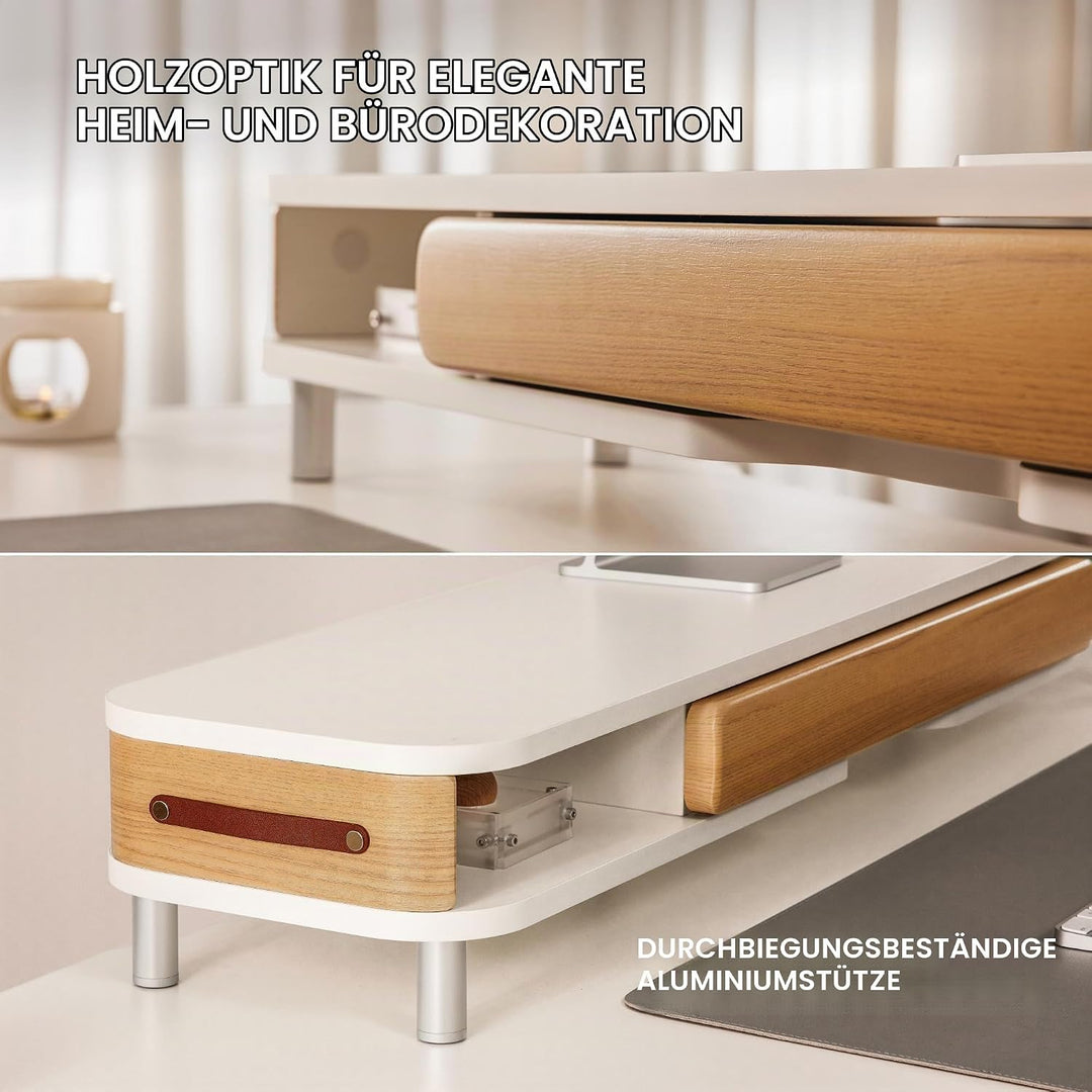 Fenge Dual Monitorständer mit Schublade, 108cm Bildschirmerhöhung mit Aluminiumbeinen &amp; Ledergriff,