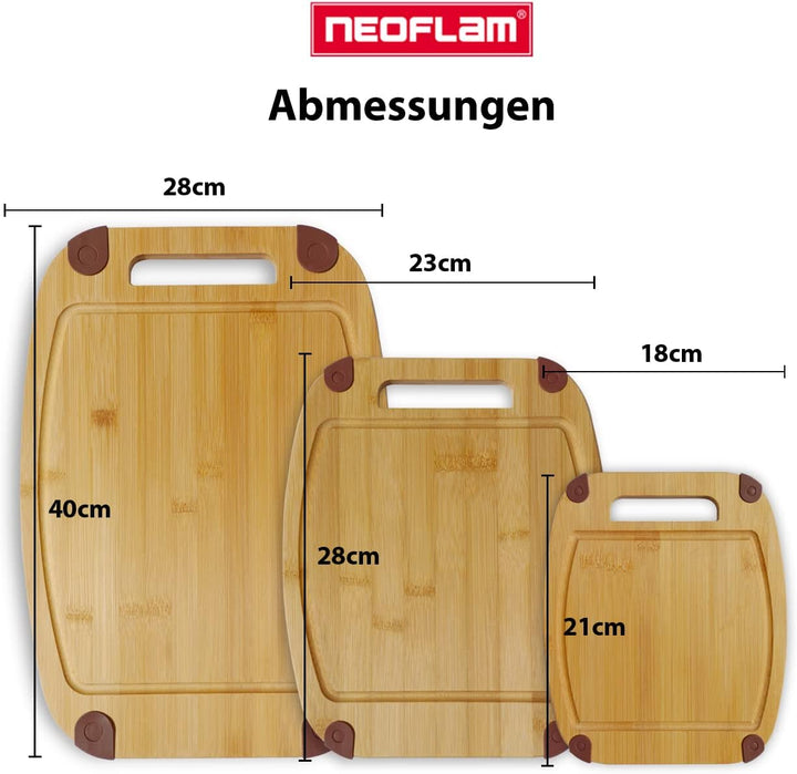 NEOFLAM® - Bambus Schneidebrett Holz rutschfest 3er Set Schneidbretter mit Griff &amp; Saftrille - natür