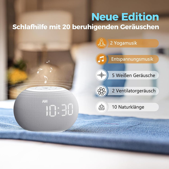 REACHER Auto-Dimmable Sound Machine Wecker mit Nachtlicht, 20 beruhigende Klänge, LED-Digitalanzeige