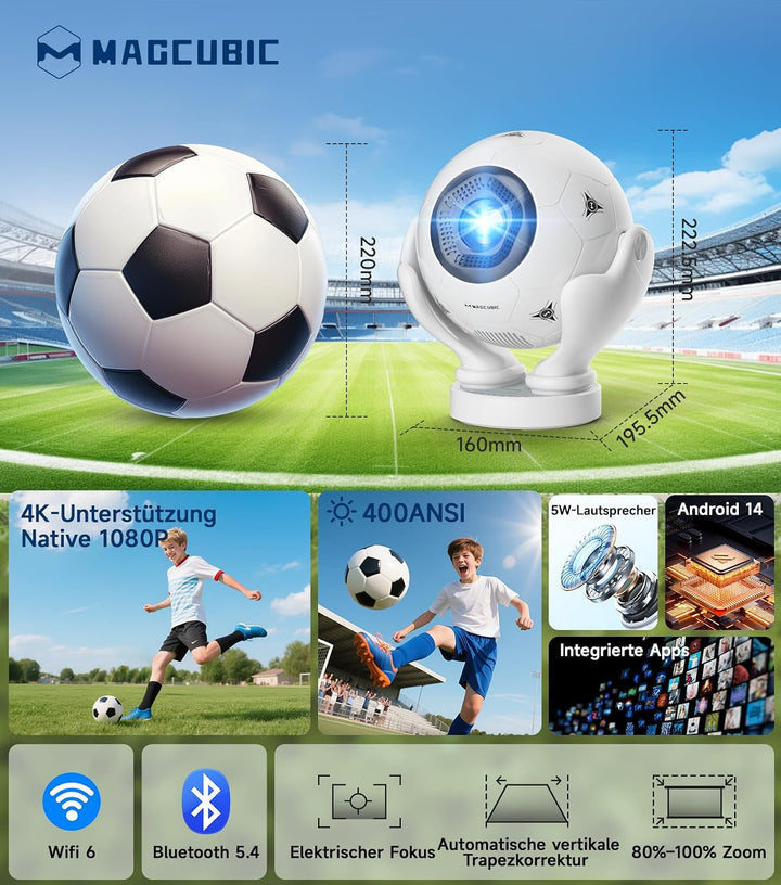 Mini Beamer, Magcubic Smart Projektor 4K Unterstützt, 1080P Native 400 ANSI weiss, weiss