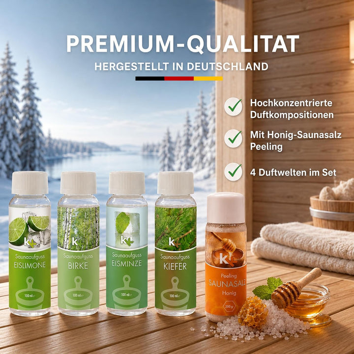 KK Sauna -Set mit Salz Peeling | KK Saunaaufgussset "Skandinavien" 4 x 100 ml + 200 g KK Saunasalz "