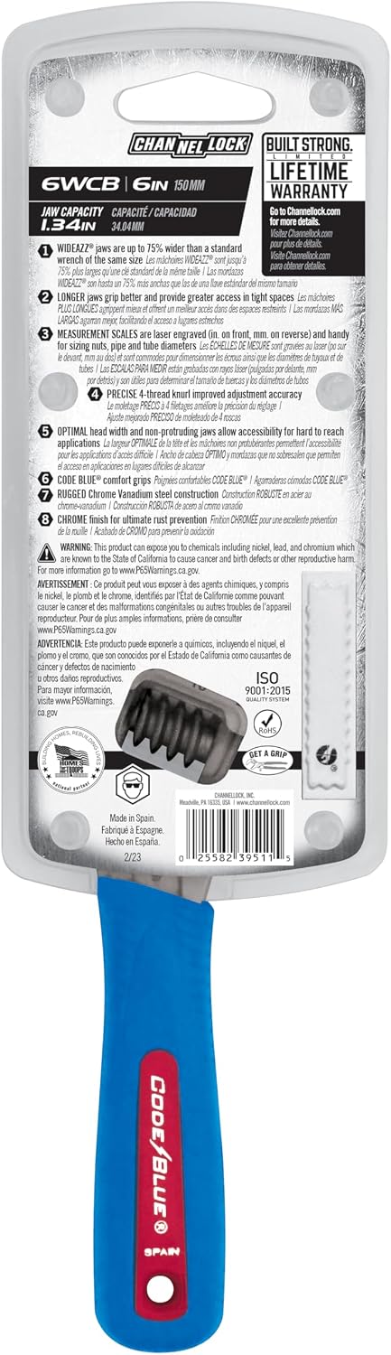 Channellock 6WCB WideAzz Verstellbarer Schraubenschlüssel, 15,2 cm, Code Blue 6-Inch WideAzz, 6-Inch