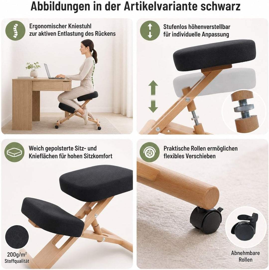 Mendler Kniestuhl HWC-Q46, Sitz-/Kniehocker höhenverstellbar Rollen Stoff/Textil (200g/m²) Holz - Cr