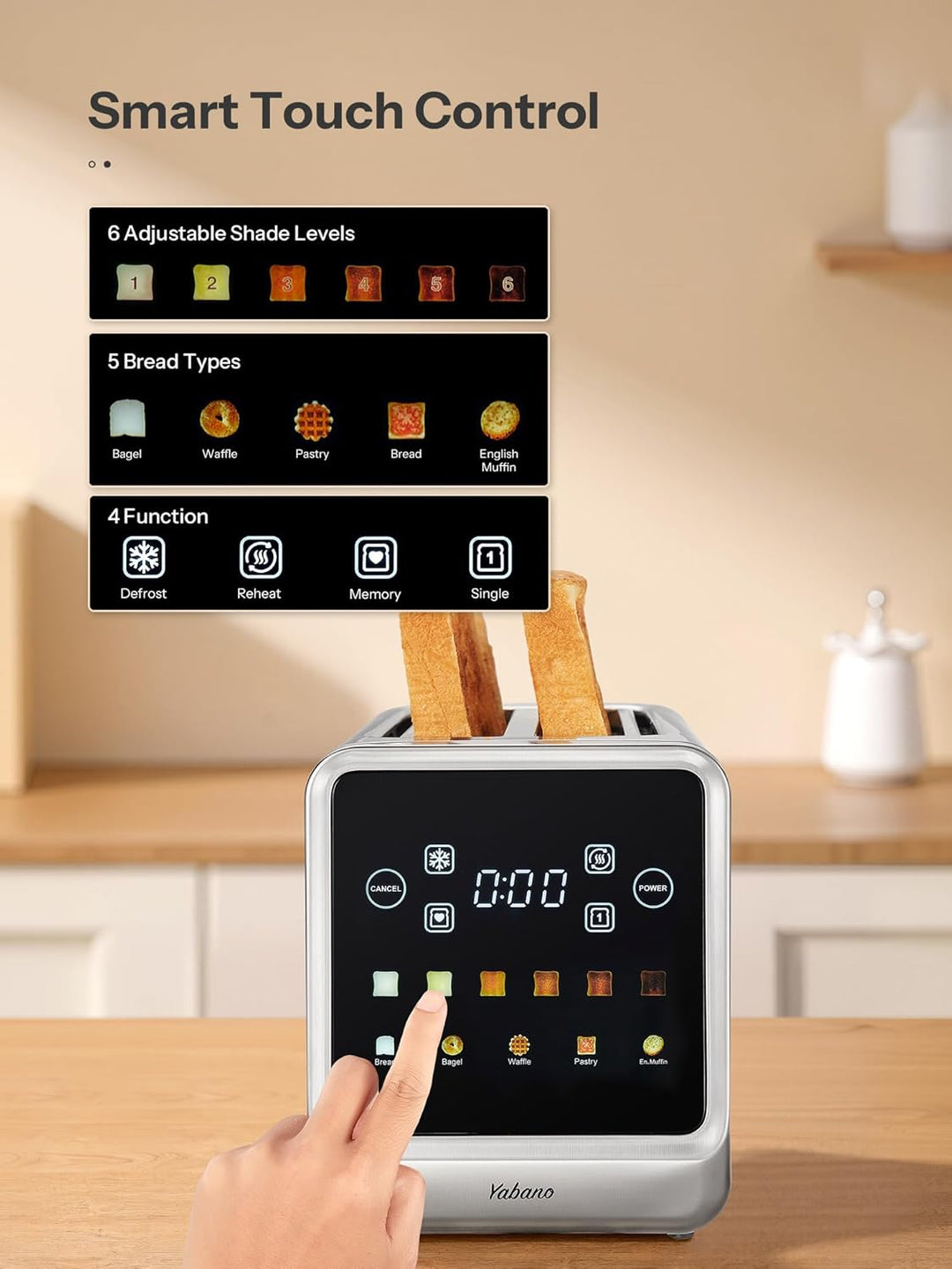 Toaster Langschlitz Edelstahl mit Smart Touchscreen &amp; Memory-Funktion, Toaster 4 Scheiben mit 6 Bräu