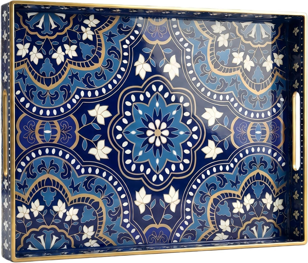 Dekoratives Serviertablett mit Griffen - 40 cm x 30 cm Blaues Mandala-Muster Rechteckiges Kunststoff