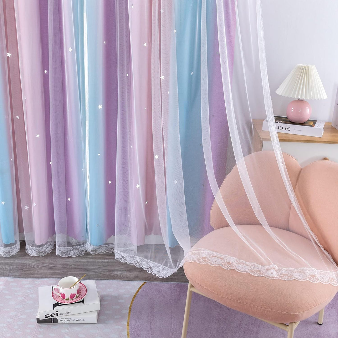 Freyamy Gardinen Lila Blau Weiss Glänzend Sterne Vorhänge Blickdicht Kinderzimmer Halbtransparent H