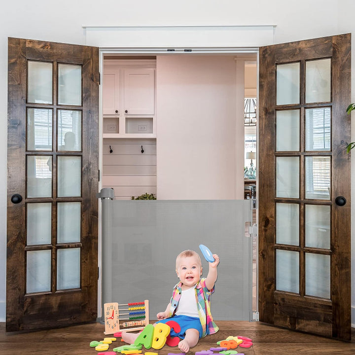 Treppenschutzgitter Ausziehbar 0-180cm Grau, Treppenschutzrollo Türschutzgitter für Babys und Hausti