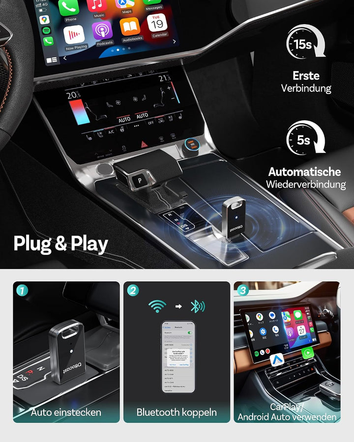OTTOCAST Mini Carplay Wireless Adapter, 2026, 2-in-1 Konvertiert kabelgebundenes CarPlay/Android Aut
