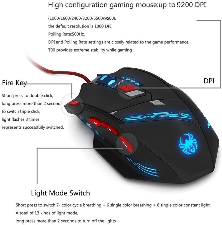 Zelotes PC Gamer Maus,8 Programmierbare Tasten,9200 DPI,USB Optischer Kabelgebundene Gaming Maus,Erg