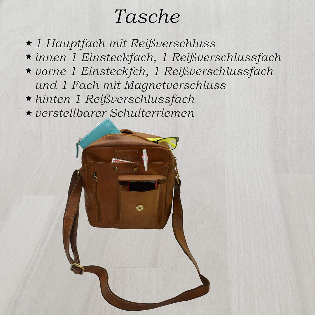 flevado Leder Schultertasche Umhängetasche Unisex Büffelleder Studitasche Freizeittasche (hellbraun)