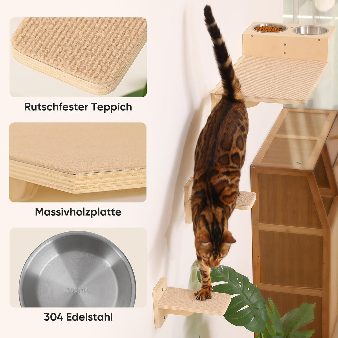 FUKUMARU Kletterwand Katzen Set, 2 Katzentreppe aus Massives Gummiholz, Katzenwand mit Katzennapf au