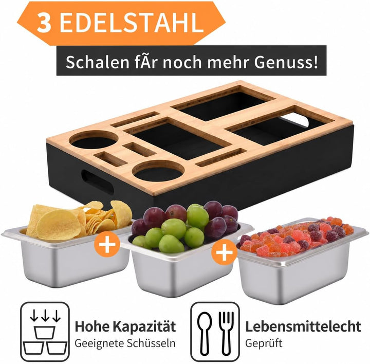 Couchbar Snackbox, Snackspender mit 3X Snackschale, Bambus Sofatablett für Sofa, Deko, Couch Bar mit