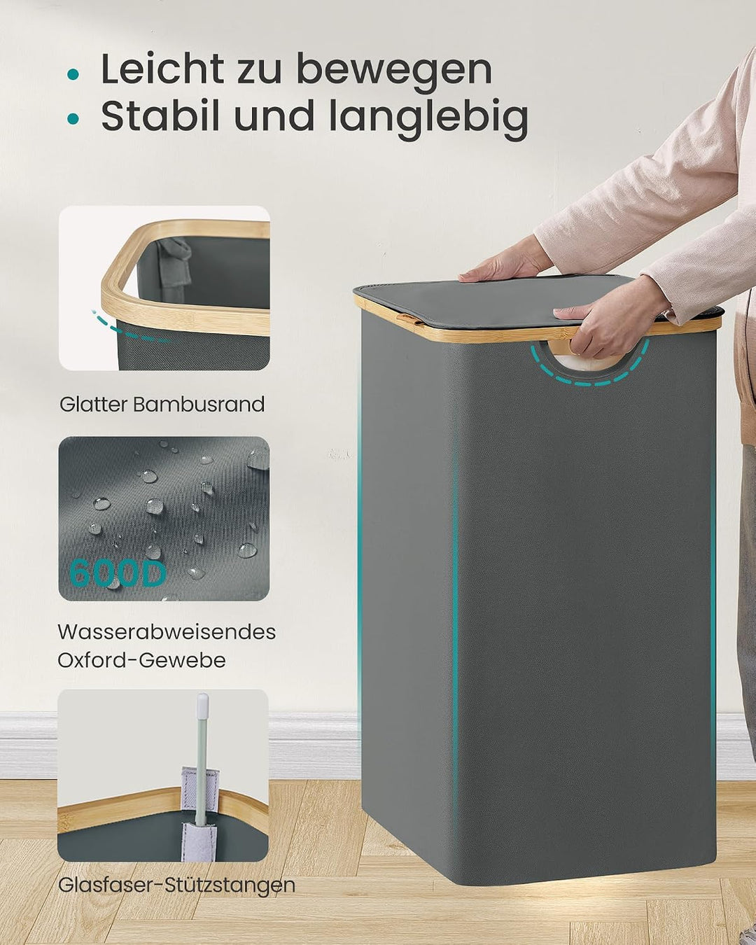 SONGMICS Wäschekorb mit Deckel, Wäschesammler 2 Fächer, Oxford-Gewebe, zusammenklappbar, Bambusrahme