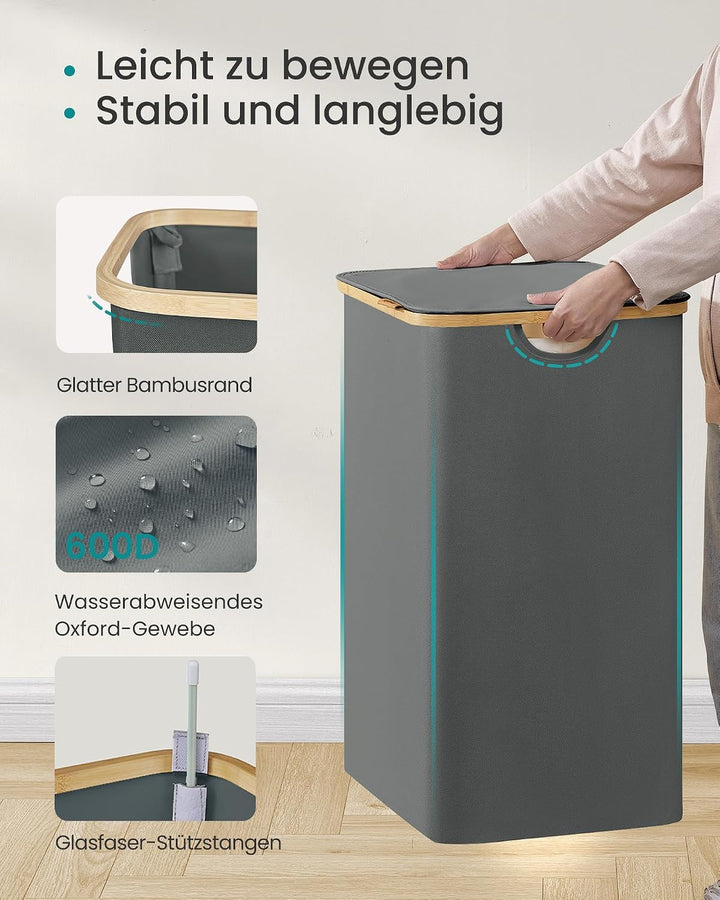 SONGMICS Wäschekorb mit Deckel, Wäschesammler 2 Fächer, Oxford-Gewebe, zusammenklappbar, Bambusrahme