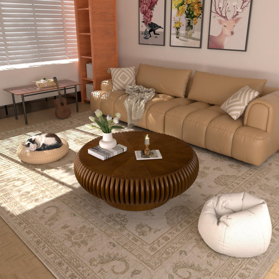 Runder Trommel-Couchtisch aus Holz (B Nussholz 80 cm), B Nussholz 80 Cm