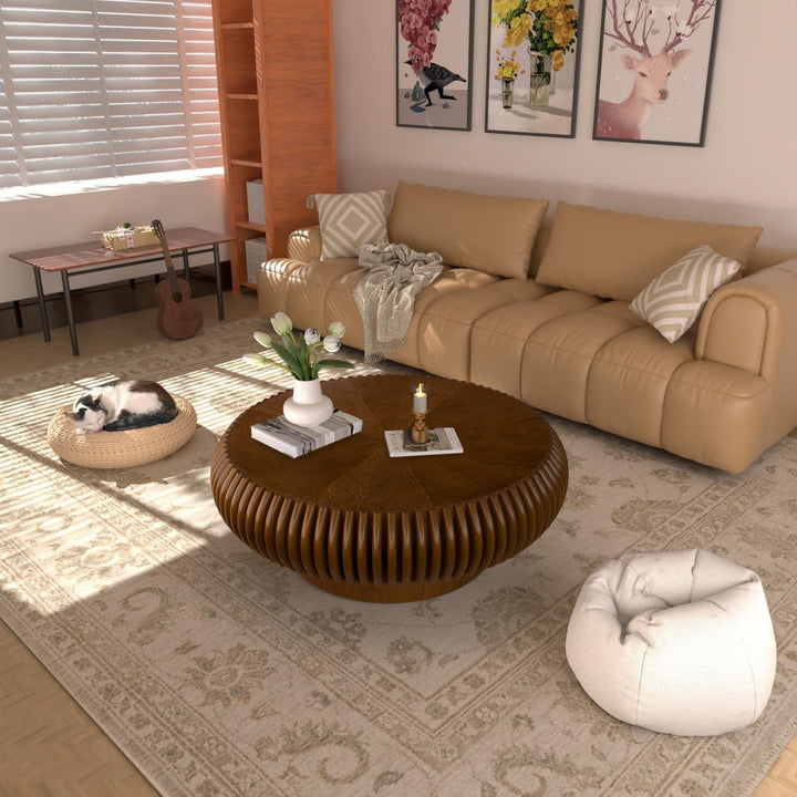 Runder Trommel-Couchtisch aus Holz (B Nussholz 80 cm), B Nussholz 80 Cm