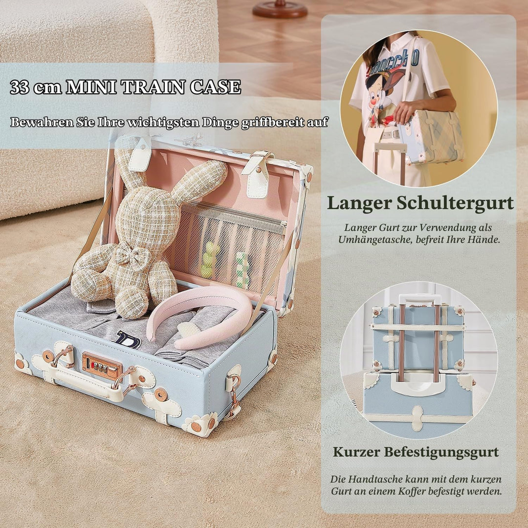 Unitravel Vintage Koffer Set 2 Teilig, Retro PU-Leder Handgepäck Koffer mit Kosmetikkoffer, Blau Kar