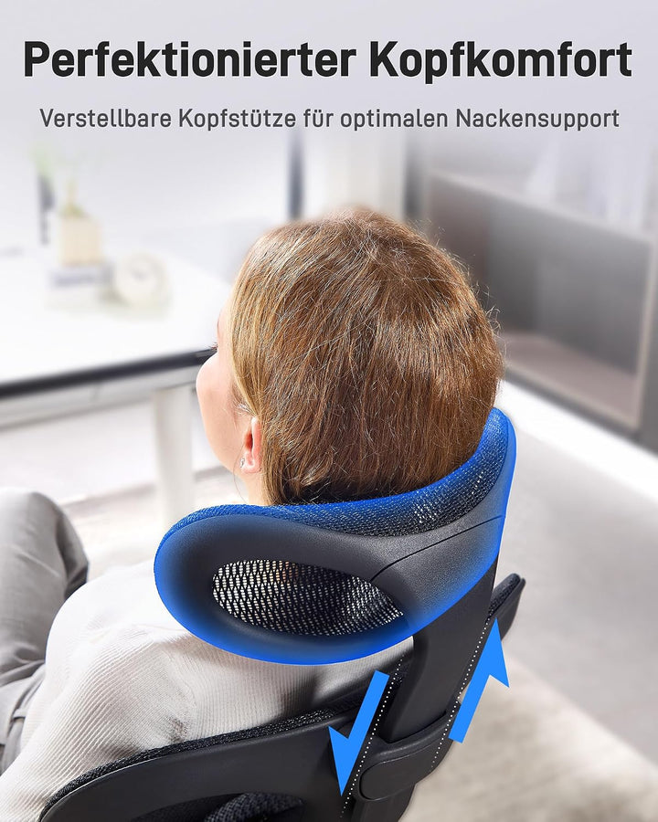 LukkDys Ergonomischer Bürostuhl mit Kopfstütze, klappbaren Armlehnen, atmungsaktiver Netz-Rückenlehn