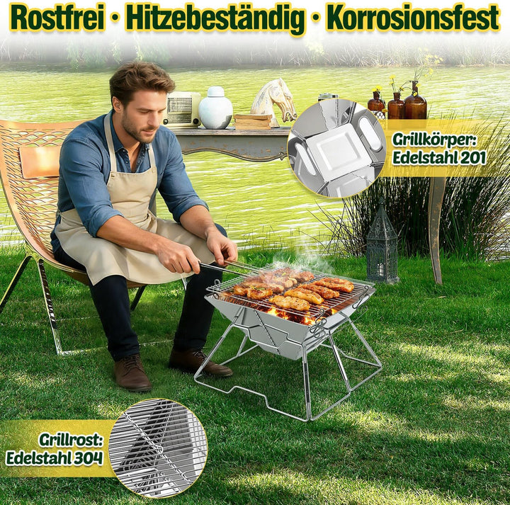 Mini Campinggrill Klappbar 31x31cm Holzkohlegrill Edelstahl Tragbarer Grill mit Tragetasche, Kleiner