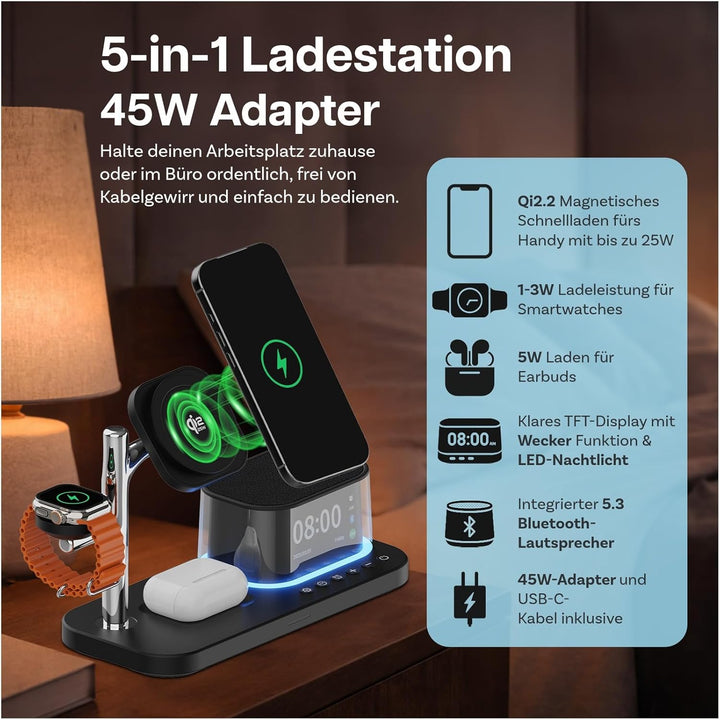 Kabellose Ladestation 5-in-1 mit Wecker, Bluetooth-Lautsprecher &amp; LED-Nachtlicht für MagSafe von MMO