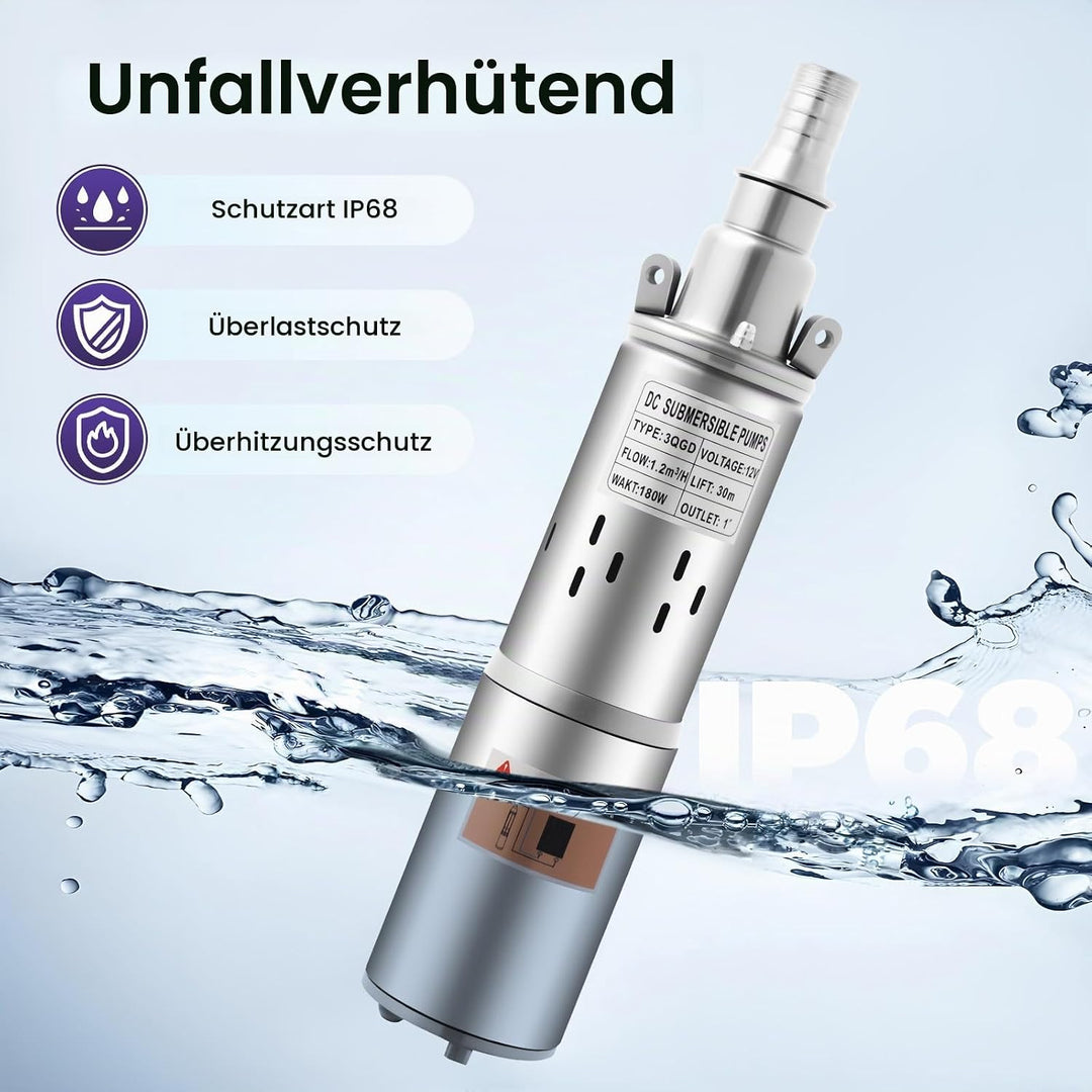 12V, 180W Edelstahl Solar-Tauchpump, Tiefbrunnenpumpe 3000/ rpm, Leise Wasserpumpe, max. Förderhöhe