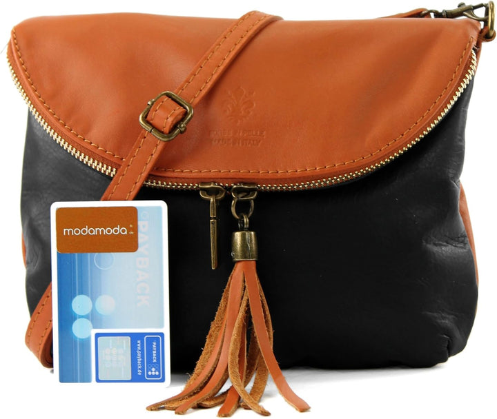 modamoda de - T07 - ital. Umhänge Clutch Klein Nappaleder Schwarz/Cognac, Schwarz/Cognac