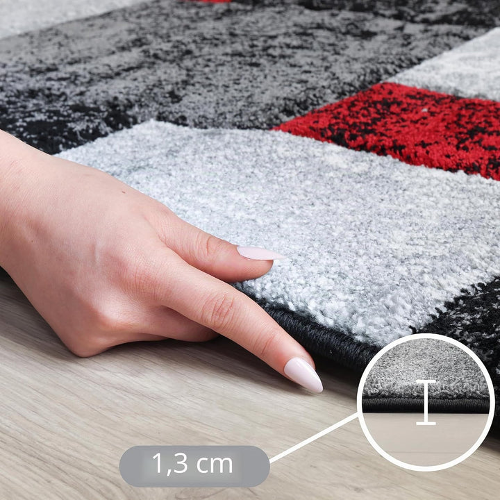 Carpetsale24 Teppich 240x340 cm XL Kurzflor Konturenschnitt in Schwarz Grau Rot Kariertes Design, Ex