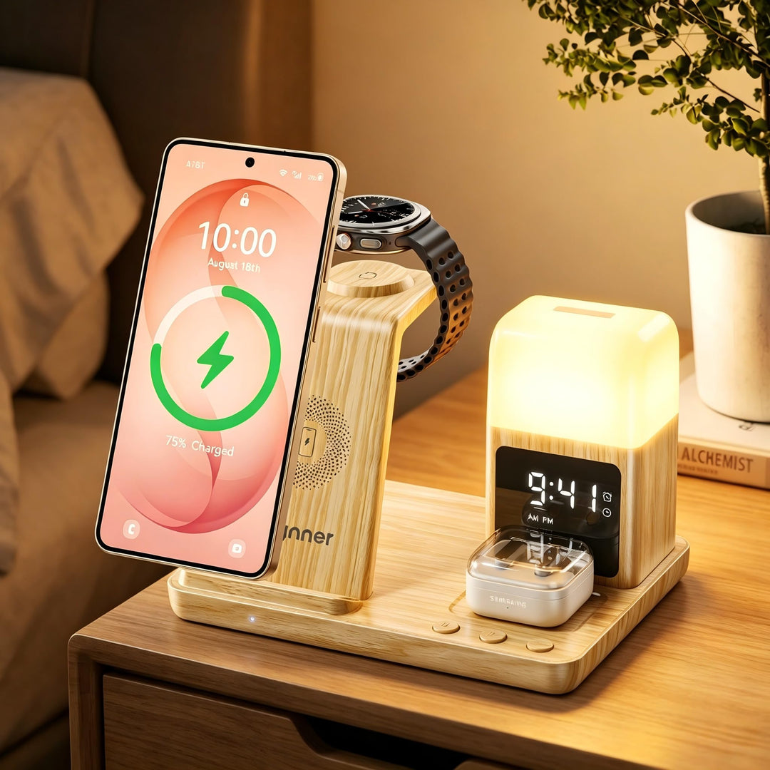 6 in1 Upgradierter Induktive Ladestation für Samsung mit Wecker &amp; 3-Farben-Licht | Wireless Charger