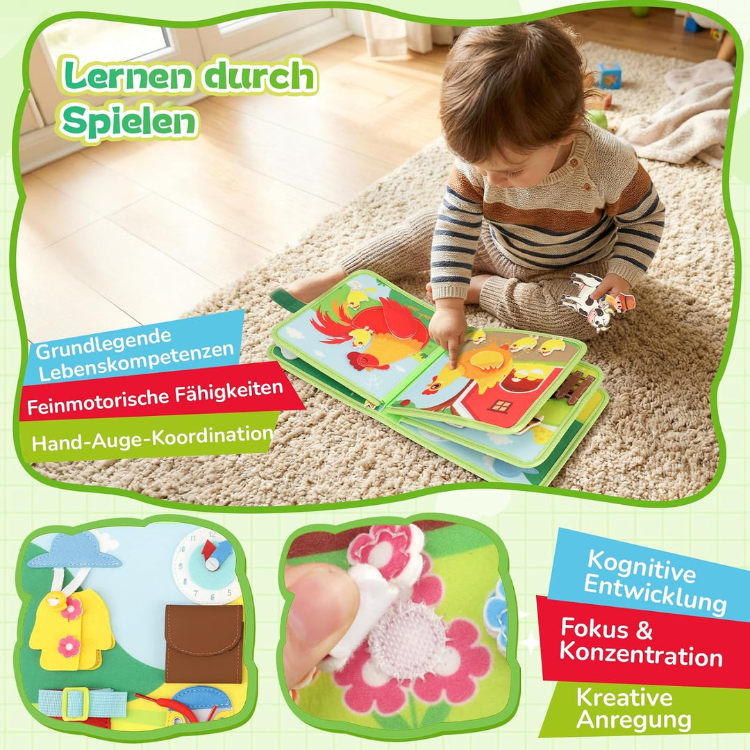 25‑in‑1 Bauernhof Busy Board ab 1 Jahr für unterwegs | Quiet Book Montessori Spielzeug, Geschenk für